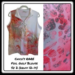 Chico’s RARE gold foil & coral golf blouse lightweight sz 2 (12-14)
